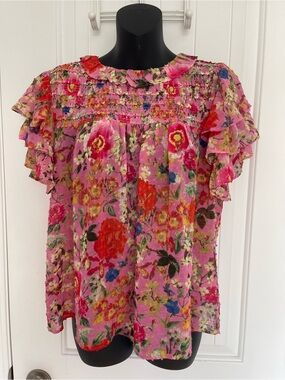 Rose & Olive Pink Floral Smocked Ruffle Sleeve Top